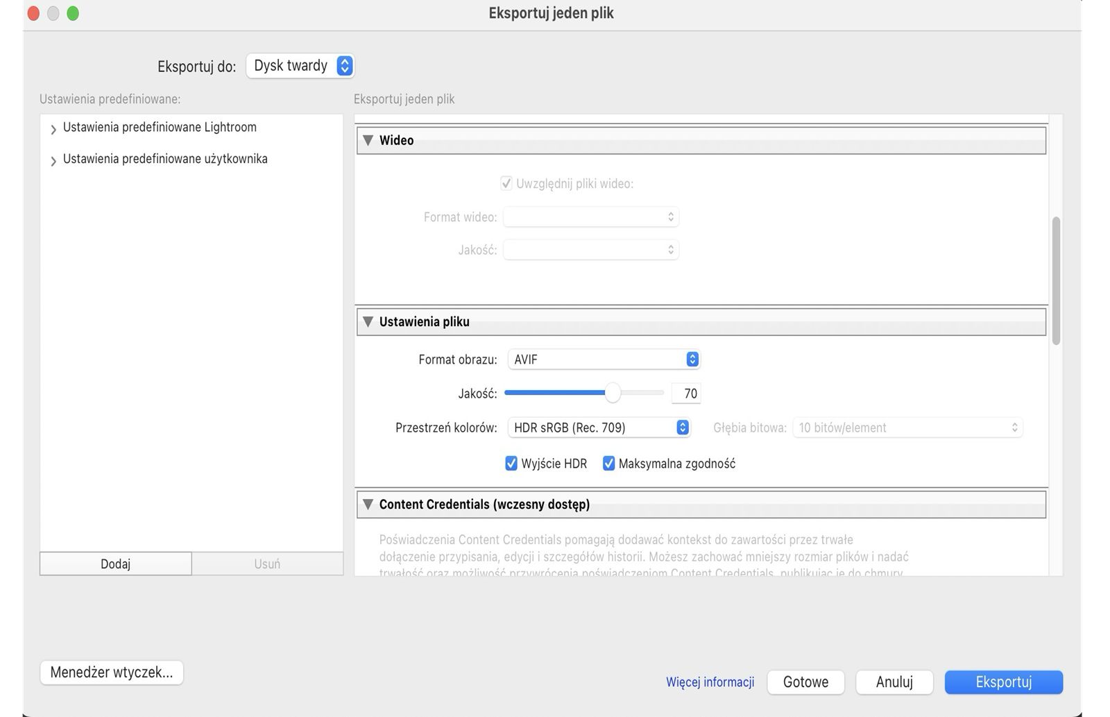 Ustawienia eksportu HDR