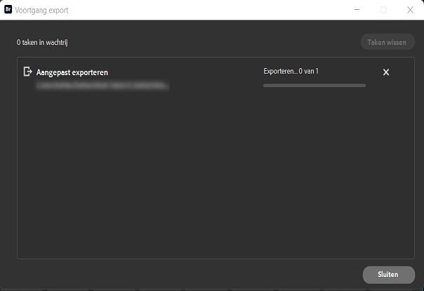Bekijk het dialoogvenster Exportvoortgang in Adobe Bridge.