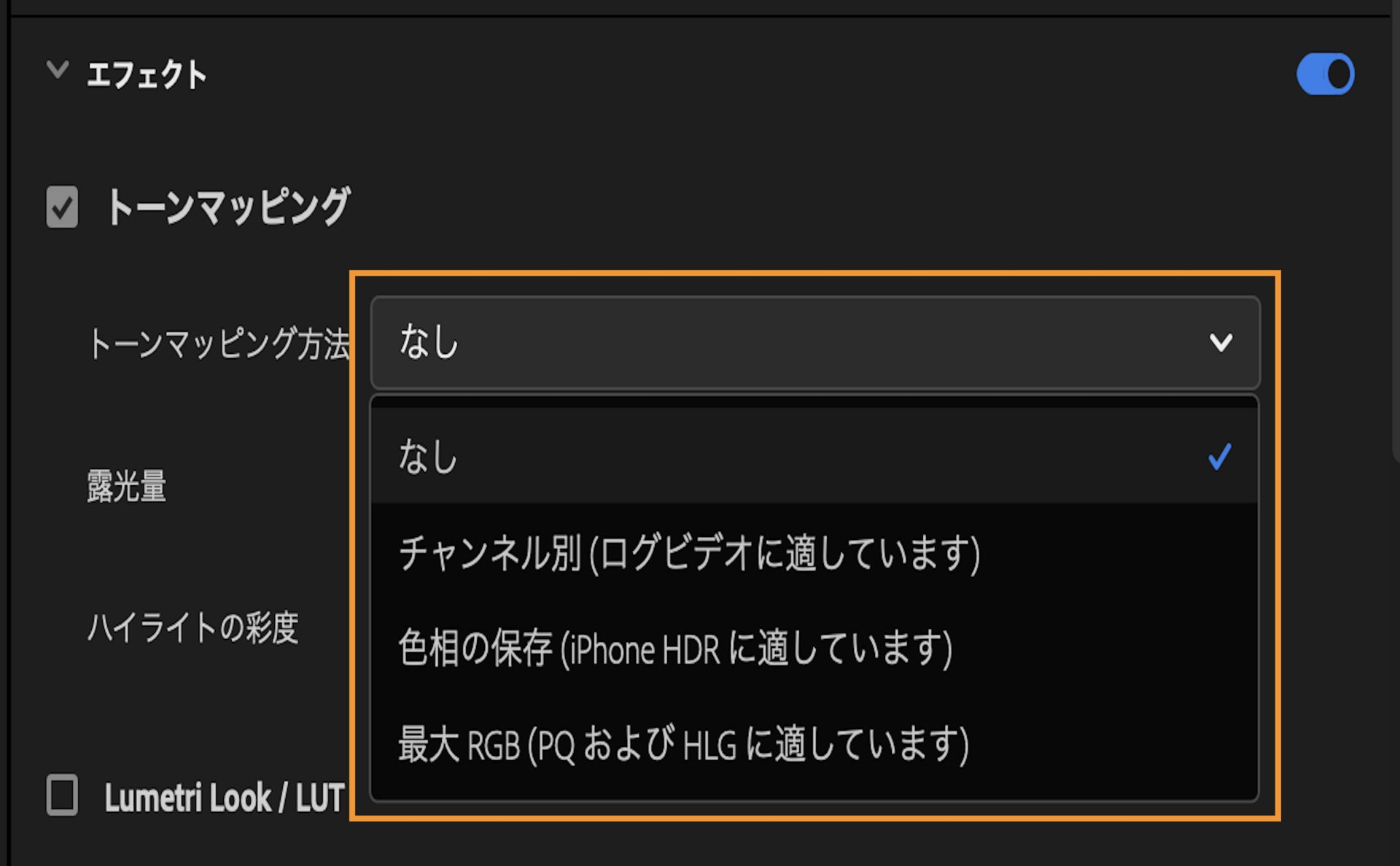 UI には、書き出しウィンドウの「エフェクト」セクションが表示され、3 つのトーンマッピング方法がハイライト表示されています。