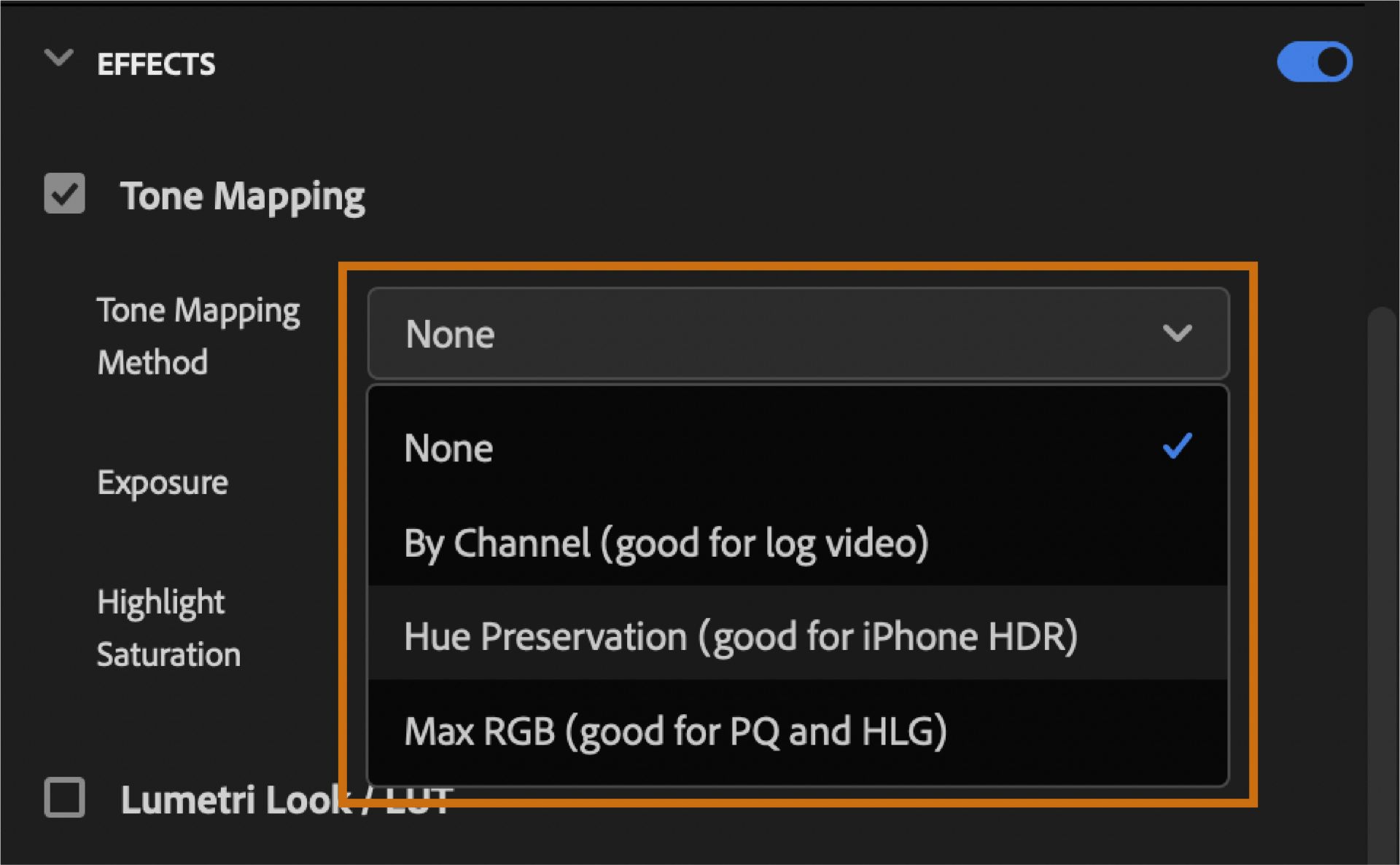 The UI shows shows Effects section of the Export window, with three Tone Mapping Methods highlighted.