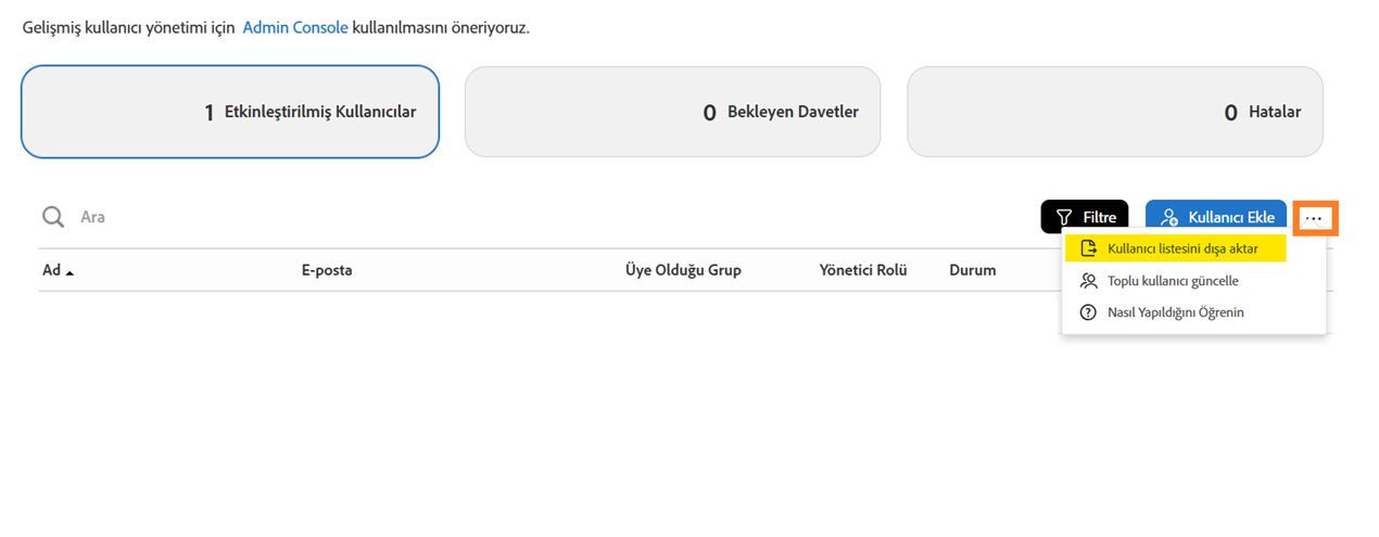 &quot;Kullanıcı listesini dışa aktar&quot; seçeneğinin vurgulandığı Kullanıcılar sayfası