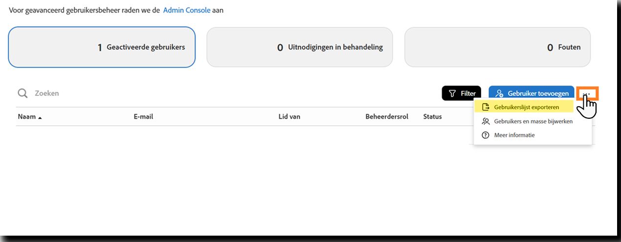 De pagina Gebruikers met de optie Gebruikerslijst exporteren gemarkeerd