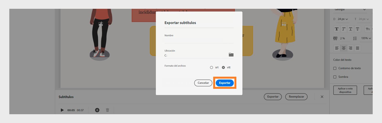 Selección del nombre y la ubicación del archivo para la exportación de subtítulos