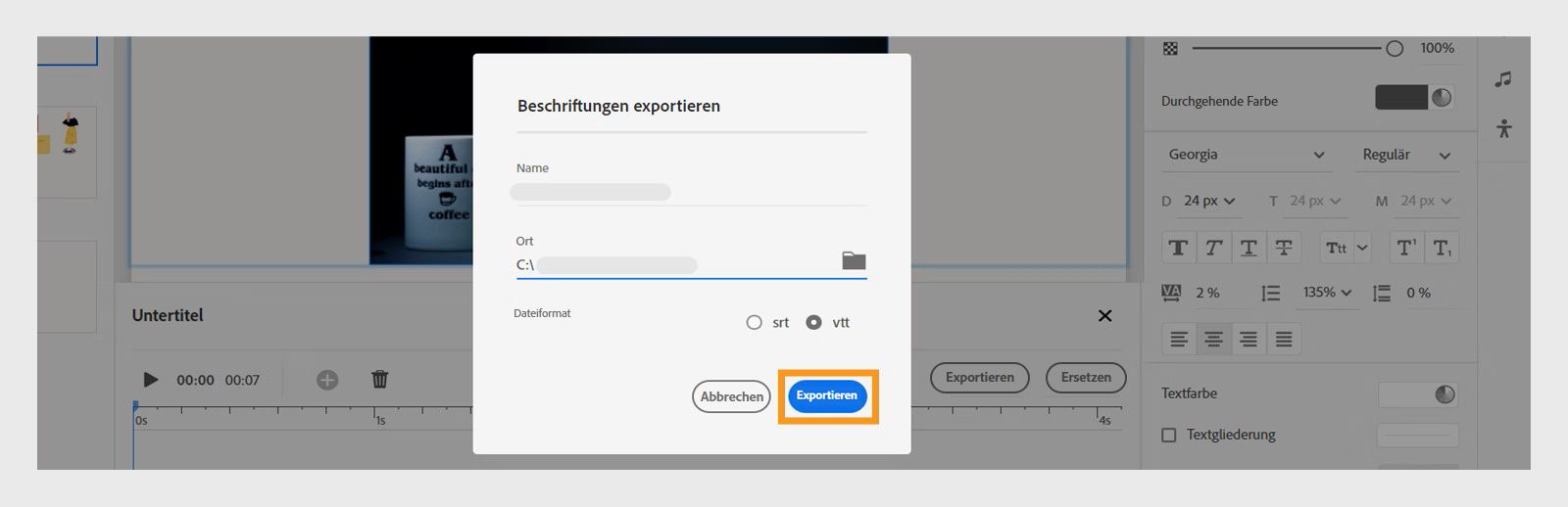 Wählen Sie den Dateinamen und den Speicherort für den Export von Untertiteln aus.