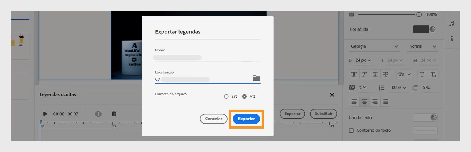 Escolher o nome do arquivo e o local para a exportação das legendas