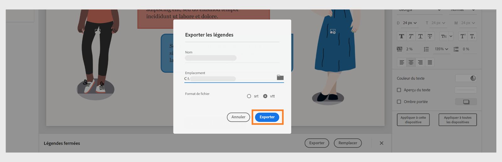Choisissez le nom de fichier et l’emplacement pour exporter les sous-titres