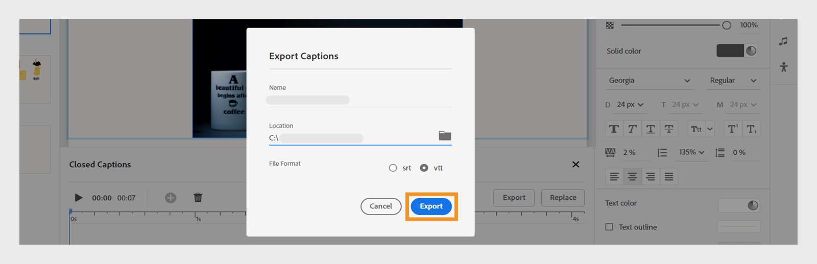 Choose the file name and location for exporting captions
