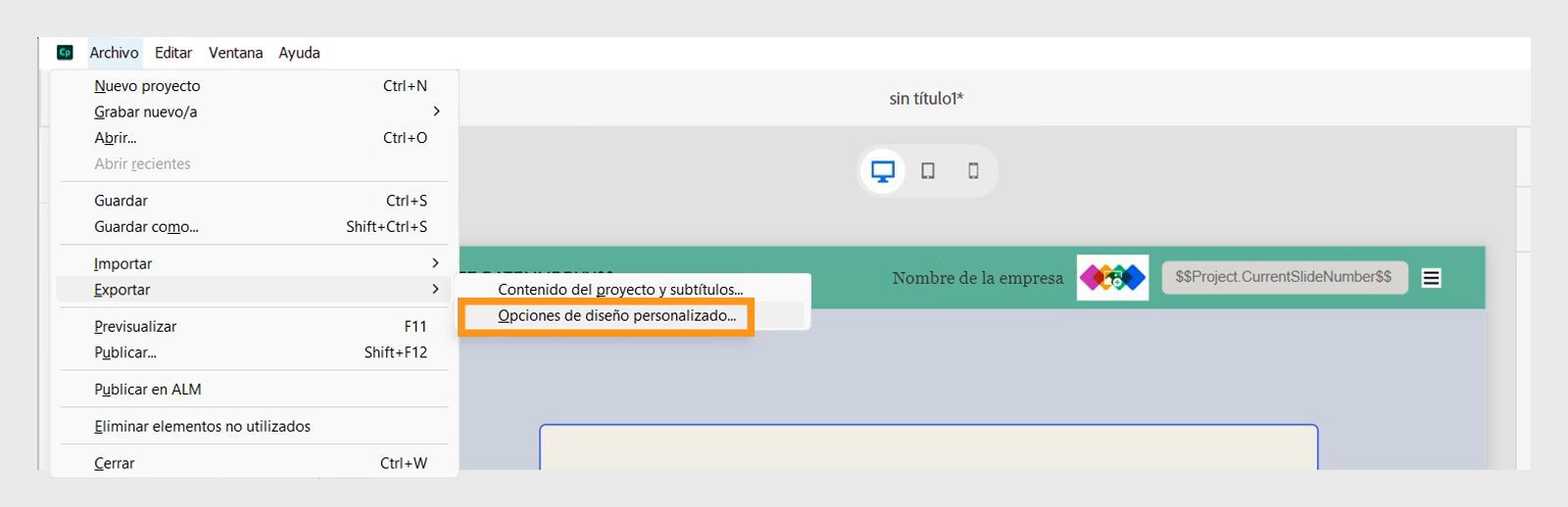 Exportar opciones de diseño personalizadas