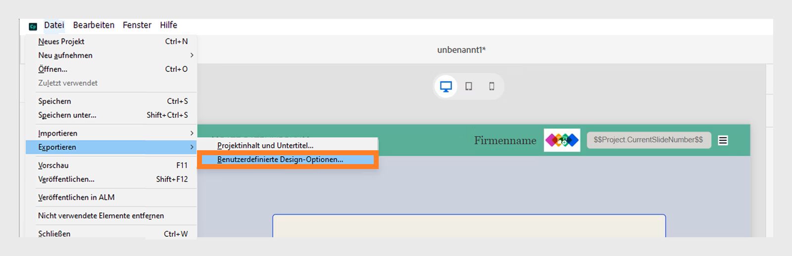 Exportieren benutzerdefinierter Design-Optionen