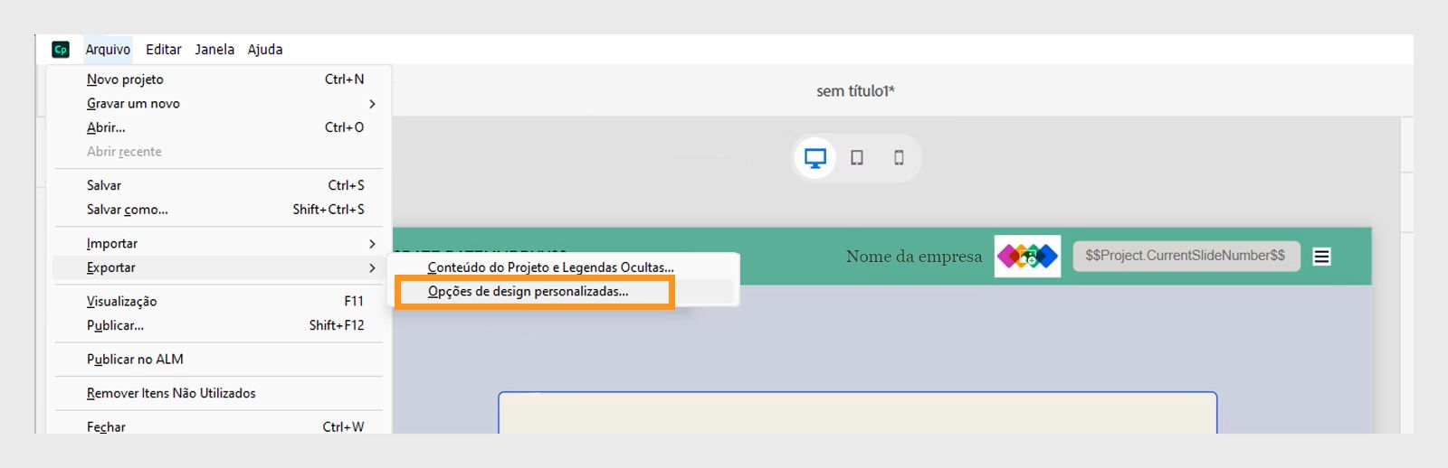Exportar opções de design personalizado