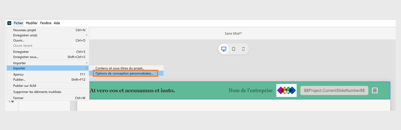 Exportation d’options de conception personnalisées