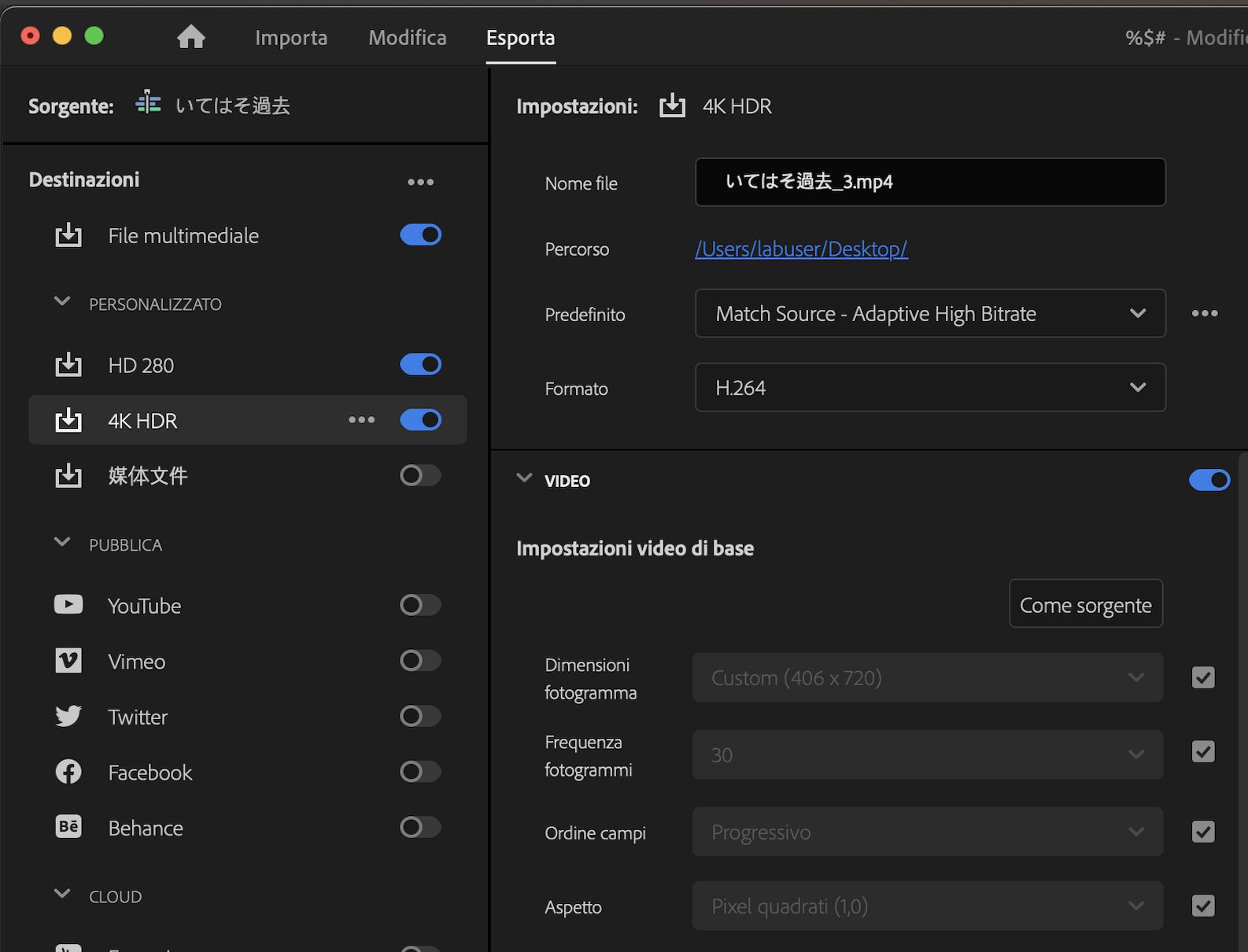 L’interfaccia utente della modalità di esportazione mostra destinazioni personalizzate, come la qualità bozza 720p e HDR 4K.