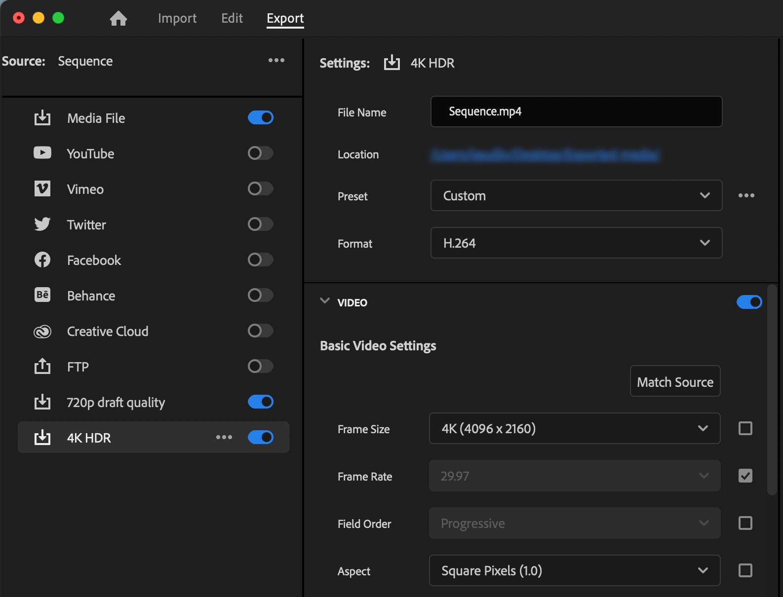 The Export mode UI shows custom destinations like 4K HDR and 720p draft quality.