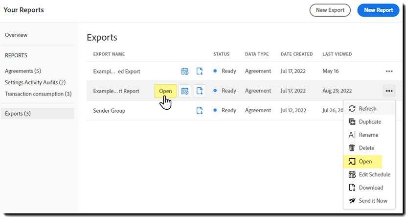 Eksportér post med indstillingsmenuen åben, og knappen Åbn, som er fremhævet