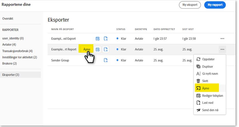 Eksporter oppføringen med alternativmenyen åpen og Åpne-knappen uthevet