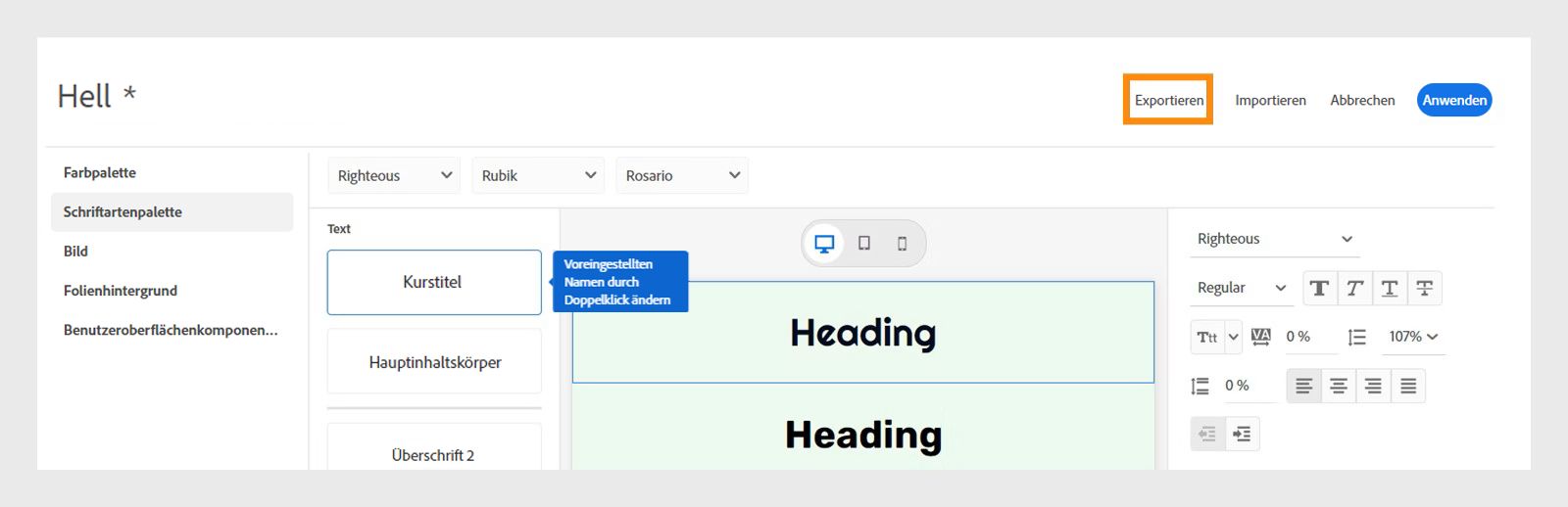 Exportieren eines Designs mit umbenannter Vorgabe