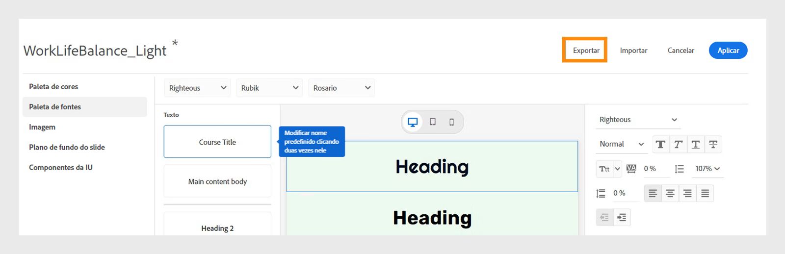 Exportar tema com predefinição renomeada
