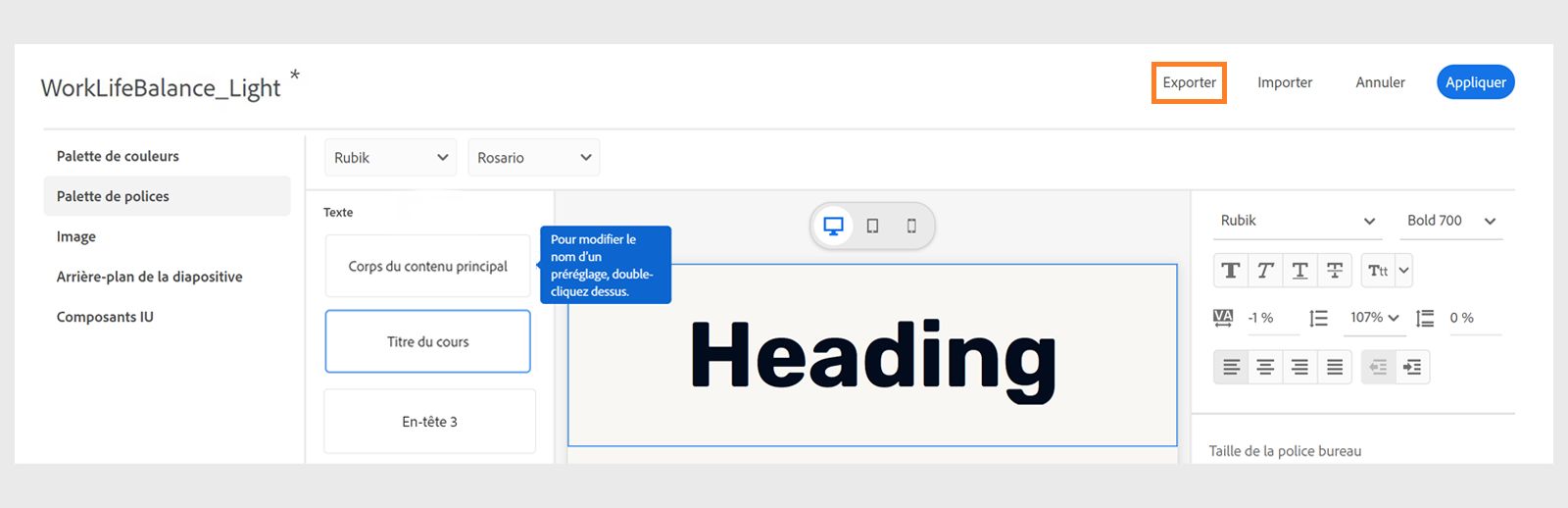 Exportation d’un thème avec un paramètre prédéfini renommé