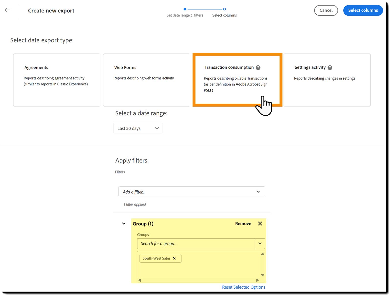 Page Export de données avec le filtre de groupe ajouté