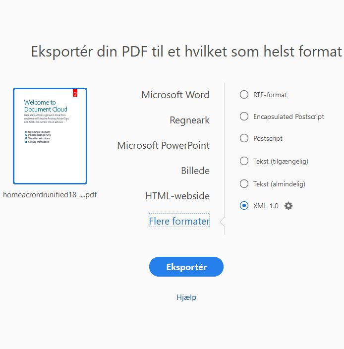 Eksportér til tekst- og XML-format