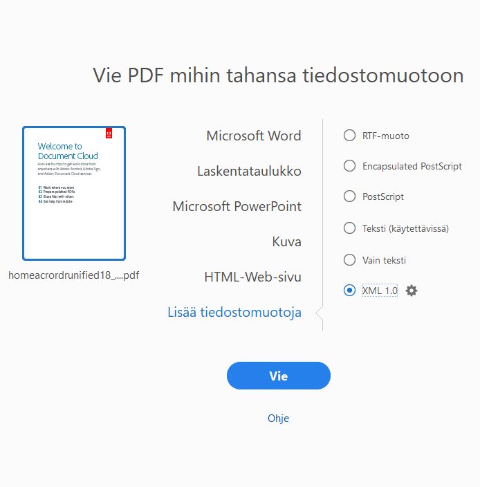 Vie teksti- ja XML-muotoihin