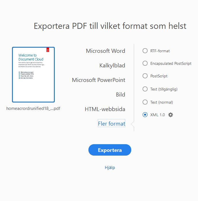 Exportera till text- och XML-format