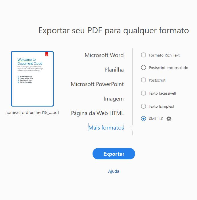 Exportar para texto e formato XML