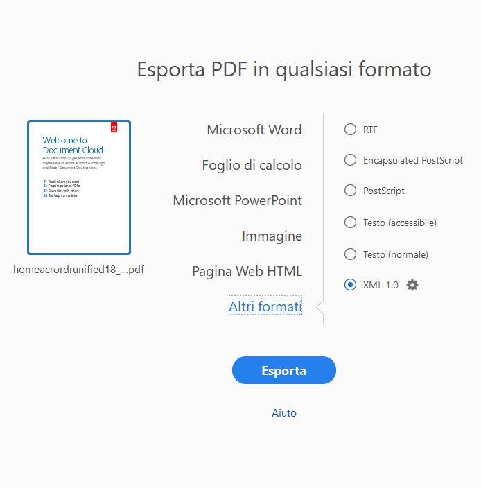 Esportare in formato Testo e XML
