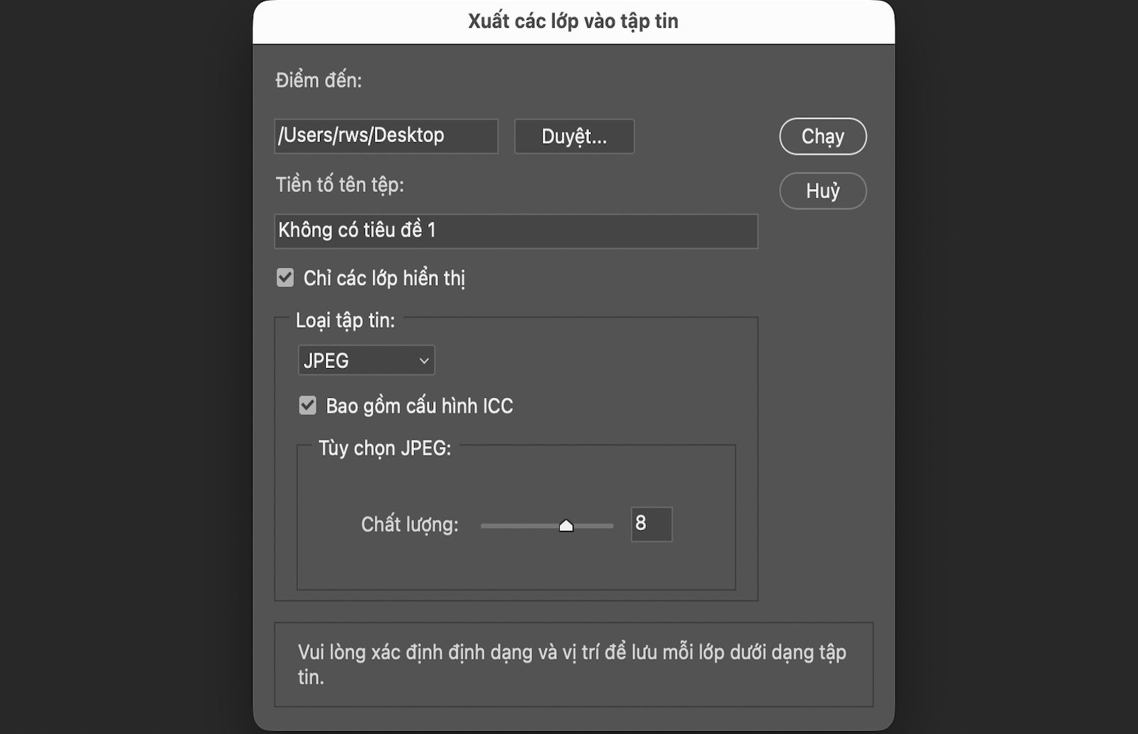 Hộp thoại Lớp thành tập tin đang mở. Hộp thoại chứa các cài đặt cho phép chọn thư mục đích, nhập tiền tố tên tập tin, chỉ chọn lớp hiển thị, chọn định dạng tập tin, điều chỉnh các tùy chọn định dạng cụ thể và bao gồm cấu hình màu ICC. Nút Chạy cho phép bắt đầu xuất mỗi lớp thành một tập tin riêng biệt.
