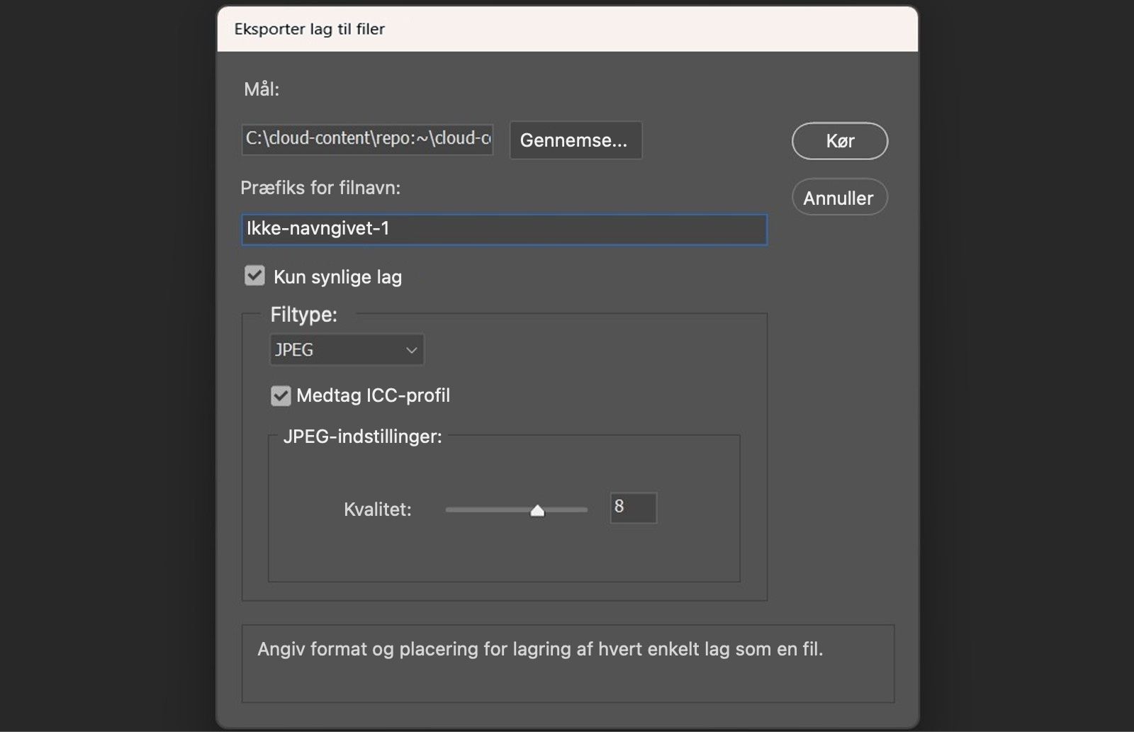 Dialogboksen Eksportér lag til filer er åben.Dialogboksen indeholder indstillinger til at vælge en destinationsmappe, indtaste et filnavnspræfiks, vælge kun synlige lag, vælge et filformat, justere formatspecifikke indstillinger og inkludere en ICC-farveprofil.En Kør-knap er tilgængelig for at begynde eksport af hvert lag som sin egen separate fil.