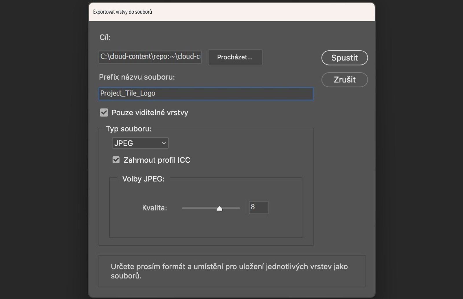Dialog Export Layers to Files je otevřený.Dialog obsahuje Nastavení pro výběr cílové složky, zadání předpony názvu souboru, výběr pouze viditelných vrstev, volbu formátu souboru, úpravu specifických options formátu a zahrnutí ICC barevného profilu.Tlačítko Run je k dispozici pro spuštění exportu každé vrstvy jako samostatného souboru.