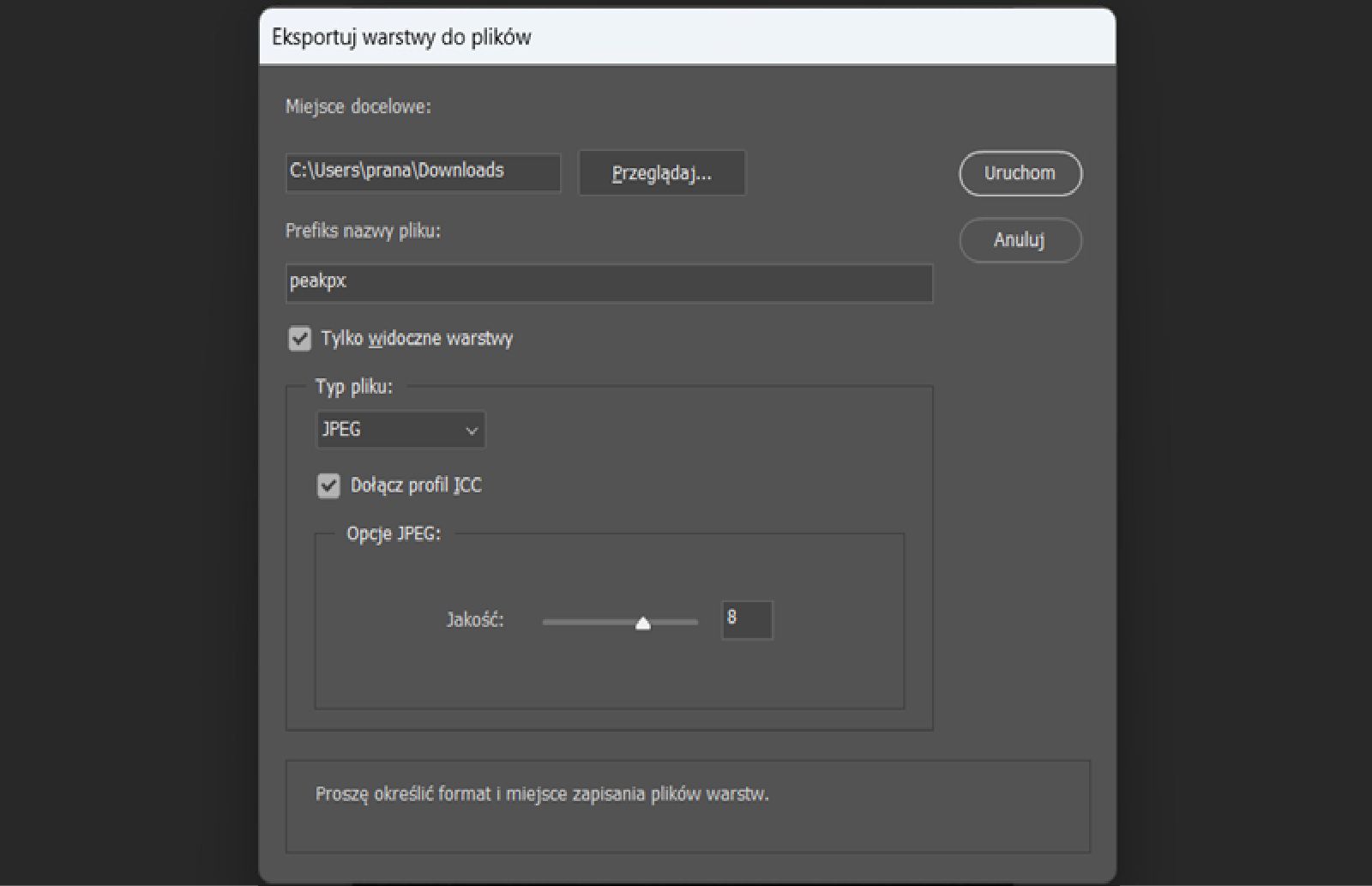 Otwarte jest okno dialogowe Export Layers to Files.Okno dialogowe zawiera Ustawienia do wyboru folderu docelowego, wprowadzenia prefiksu nazwy pliku, wyboru tylko widocznych warstw, wyboru formatu pliku, dostosowania opcji specyficznych dla formatu i dołączenia profilu kolorów ICC.Przycisk Run jest dostępny, aby rozpocząć eksportowanie każdej warstwy jako osobnego pliku.