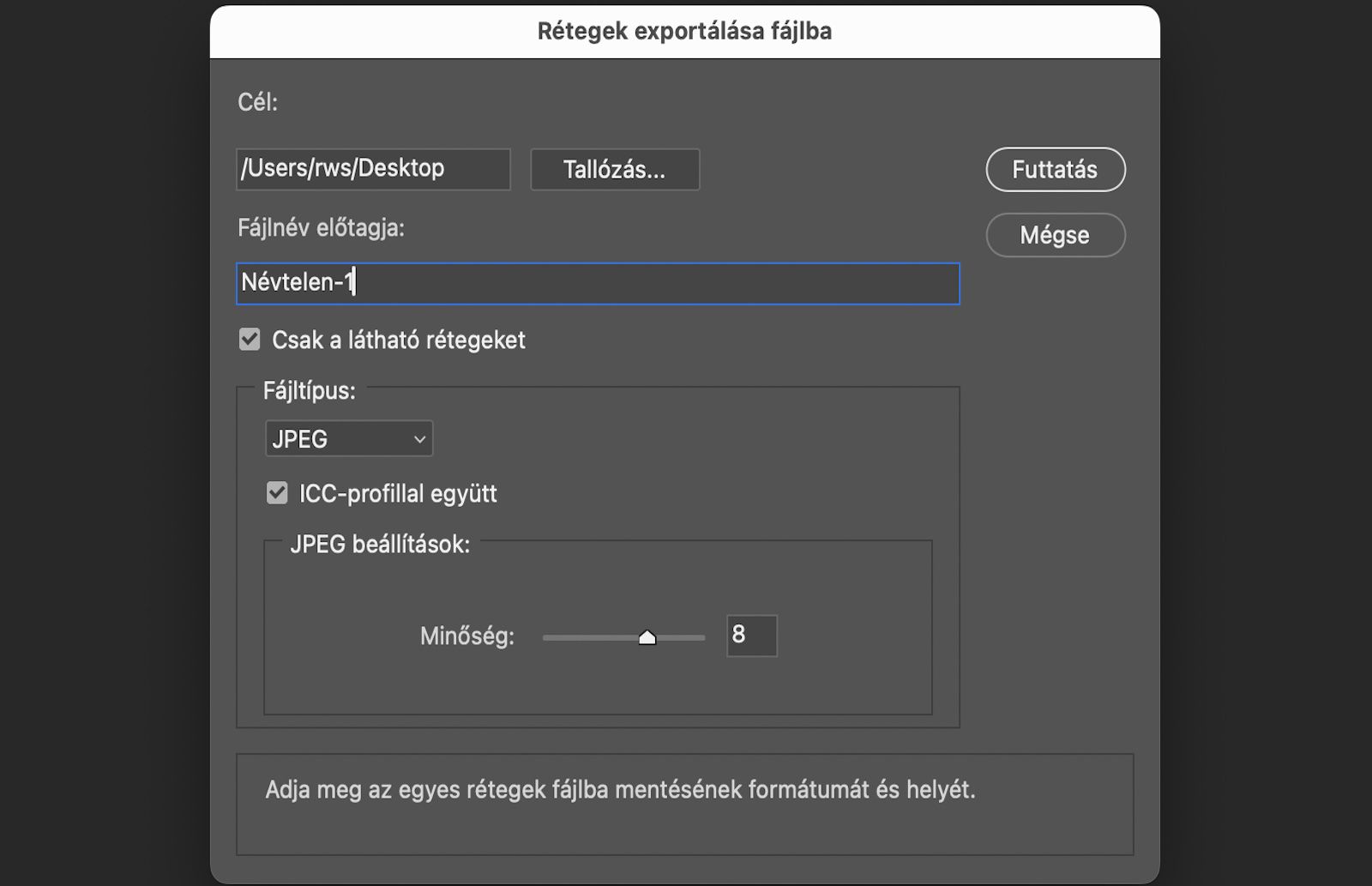Rétegek exportálása fájlokba párbeszédpanel megnyitva.A párbeszédpanelen megadhatja a célmappát, a fájlnév előtagját, kiválaszthatja, hogy csak a látható rétegek kerüljenek exportálásra, beállíthatja a fájlformátumot, módosíthatja a formátumspecifikus beállításokat, és hozzáadhat egy ICC-színprofilt is.A Futtatás gombbal indíthatja el az egyes rétegek külön fájlként történő exportálását.