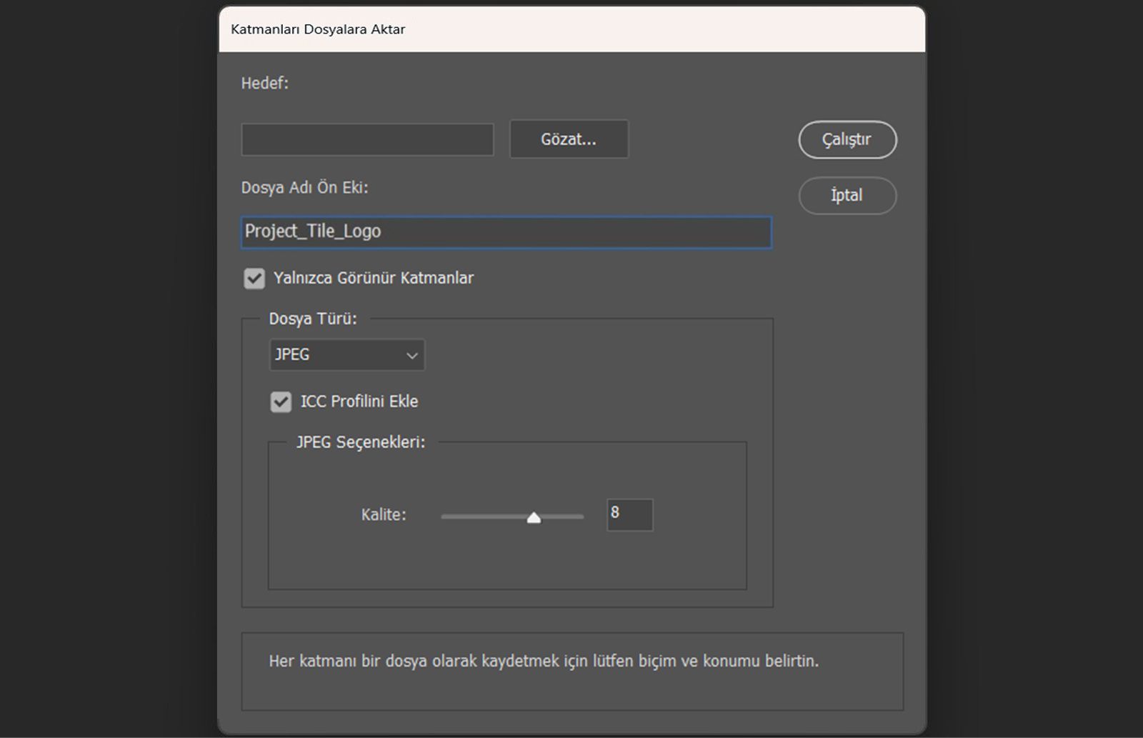 Katmanları Dosyalara Aktar iletişim kutusu açık. İletişim kutusu; hedef klasör seçme, dosya adı ön eki girme, yalnızca görünür katmanları seçme, dosya formatı seçme, formata özel seçenekleri ayarlama ve ICC renk profili ekleme ayarlarını içeriyor. Her katmanı kendi ayrı dosyası olarak dışa aktarmaya başlamak için Çalıştır düğmesi mevcut.