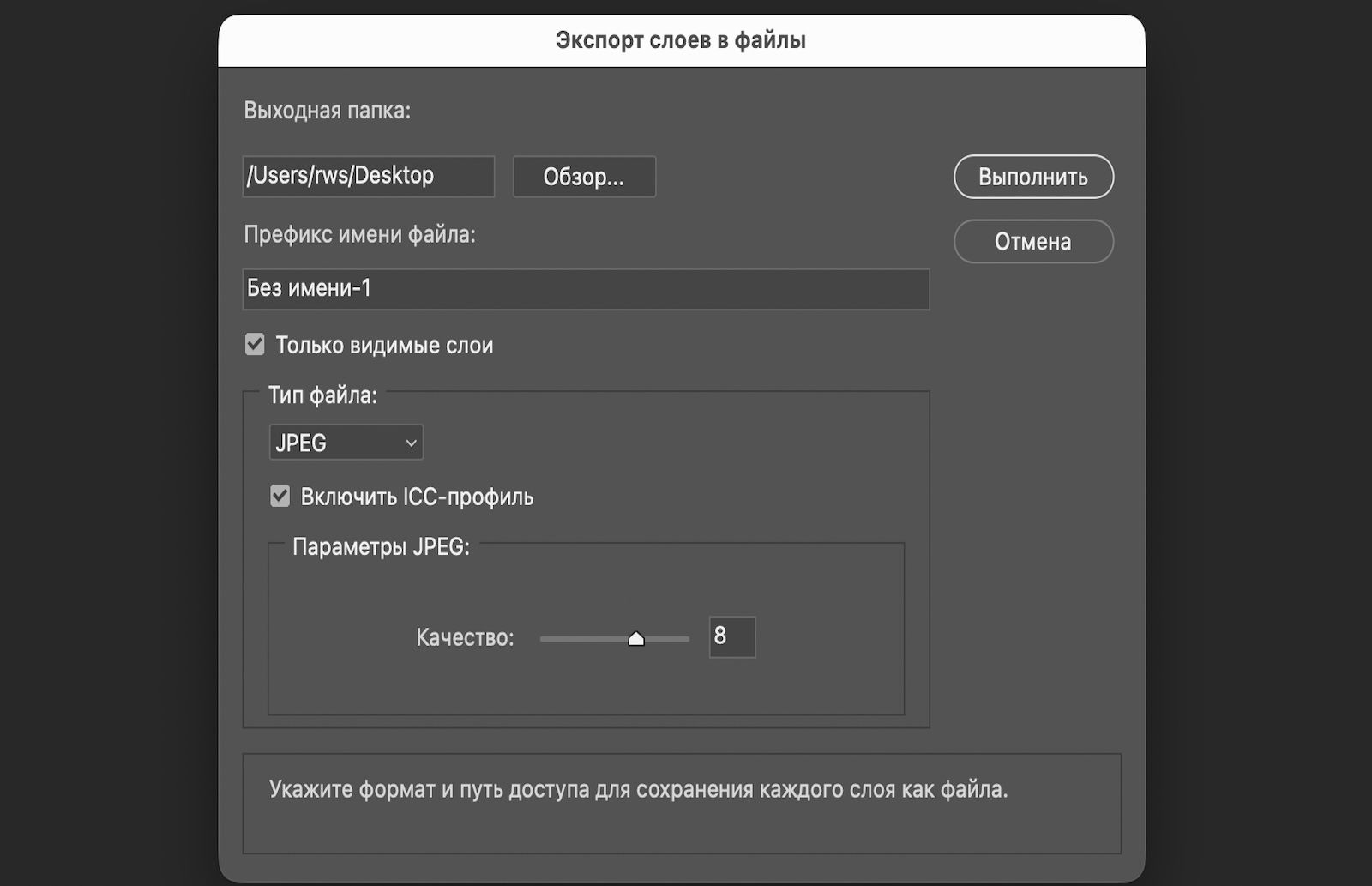 Открыто диалоговое окно «Экспортировать слои в файлы». Диалоговое окно содержит параметры для выбора целевой папки, ввода префикса имени файла, выбора только видимых слоев, выбора формата файла, настройки параметров для конкретного формата и включения цветового профиля ICC. Доступна кнопка «Выполнить» для начала экспорта каждого слоя в отдельный файл.