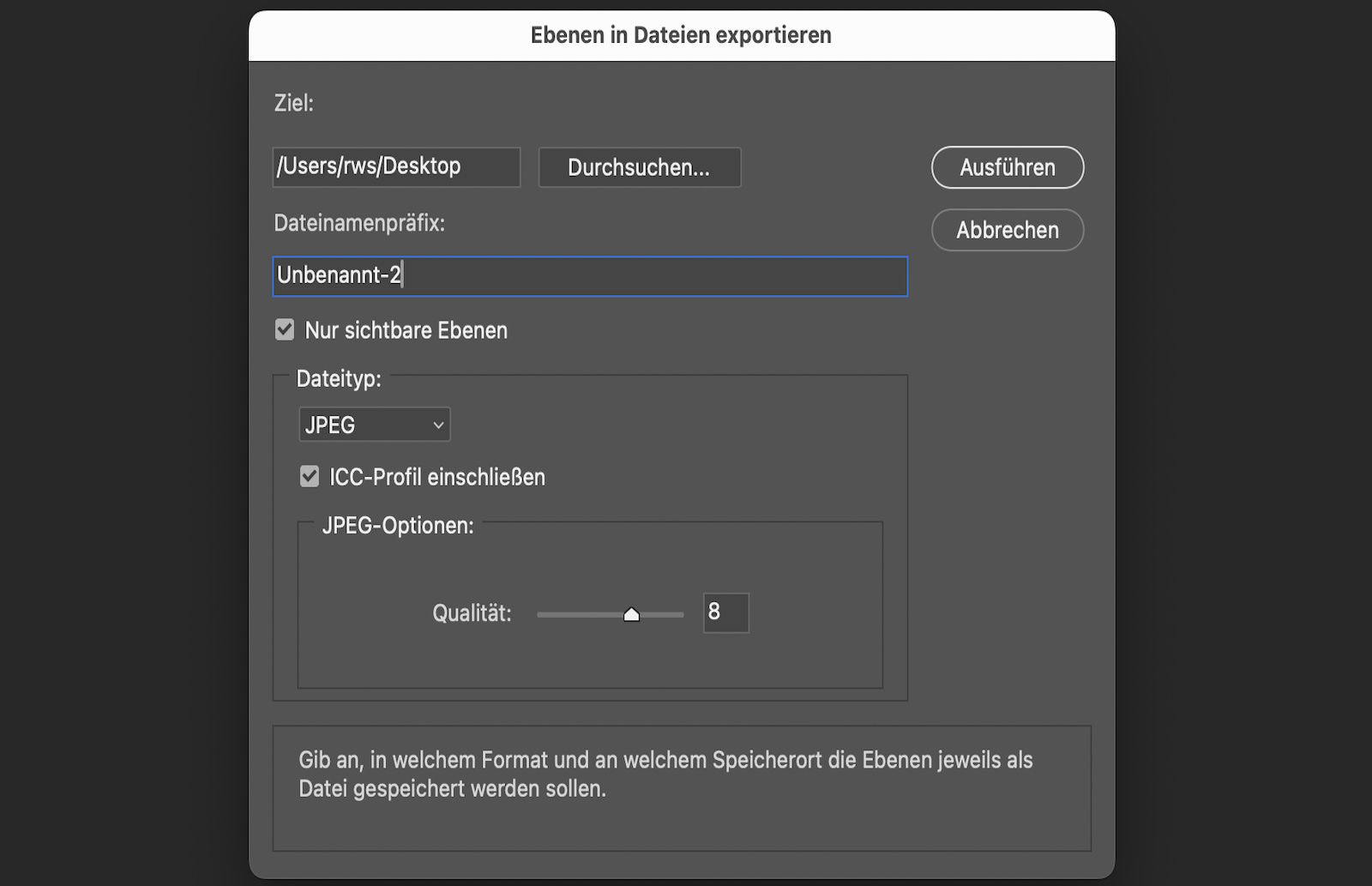 Das Dialogfeld „Ebenen in Dateien exportieren&quot; ist geöffnet. Das Dialogfeld enthält Einstellungen zur Auswahl eines Zielordners, zur Eingabe eines Dateinamenpräfixes, zur Auswahl nur sichtbarer Ebenen, zur Auswahl eines Dateiformats, zur Anpassung formatspezifischer Optionen und zum Einschließen eines ICC-Farbprofils. Eine Ausführen-Schaltfläche ist verfügbar, um den Export jeder Ebene als eigene separate Datei zu starten.