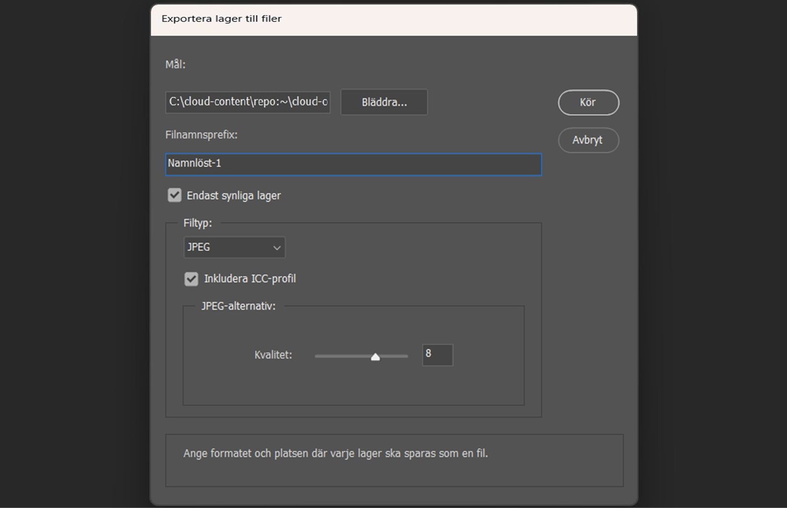 Export Layers to Files-dialogrutan är öppen.Dialogrutan innehåller inställningar för att välja en målmapp, ange ett filnamnsprefix, välja endast synliga lager, välja ett filformat, justera formatspecifika alternativ och inkludera en ICC-färgprofil.En Run-knapp finns tillgänglig för att börja exportera varje lager som en egen separat fil.