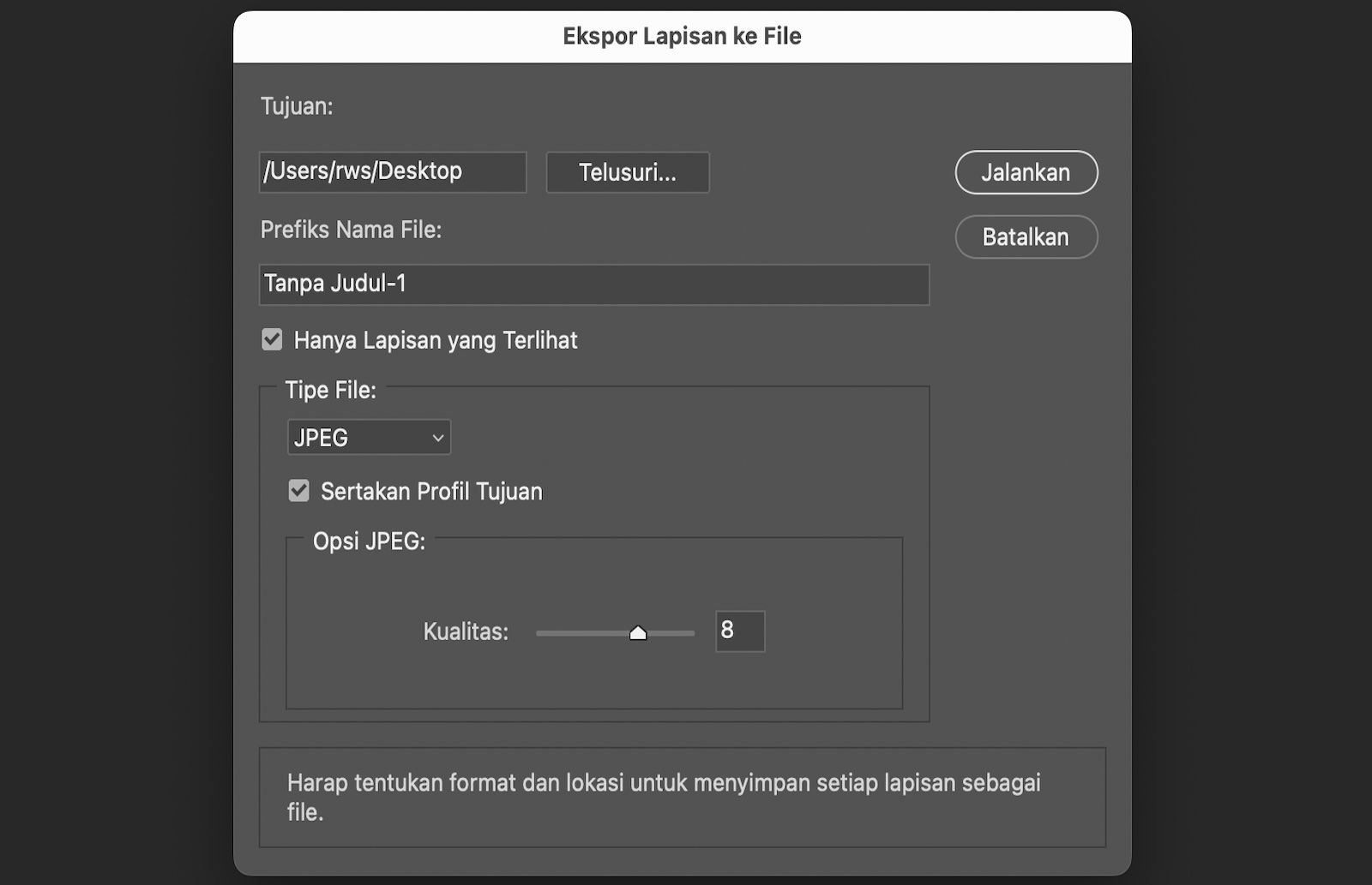 Kotak dialog Ekspor Lapisan ke File terbuka.Kotak dialog berisi pengaturan untuk memilih folder tujuan, memasukkan awalan nama file, memilih hanya lapisan yang terlihat, memilih format file, menyesuaikan opsi khusus format, dan menyertakan profil warna ICC.Tombol Jalankan tersedia untuk mulai mengekspor setiap lapisan sebagai file terpisah.