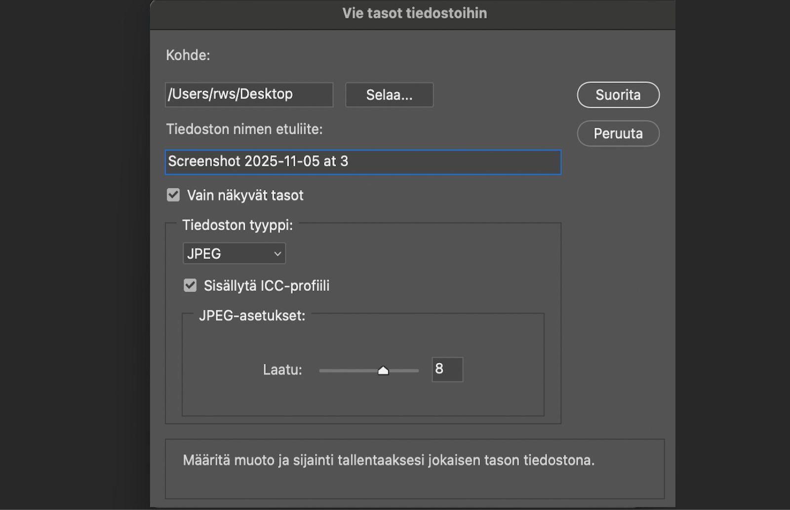 Vie tasot tiedostoihin -valintaikkuna on auki.Ikkunassa näkyy asetuksia, joilla käyttäjä voi valita kohdekansion, lisätä tiedostonimen etuliitteen, valita vain näkyvät tasot, valita tiedostomuodon, säätää muotokohtaisia asetuksia ja sisällyttää tiedostoon ICC-väriprofiilin.Suorita-painike on näkyvillä, ja sen avulla käyttäjä voi aloittaa kunkin tason viemisen omana erillisenä tiedostonaan.