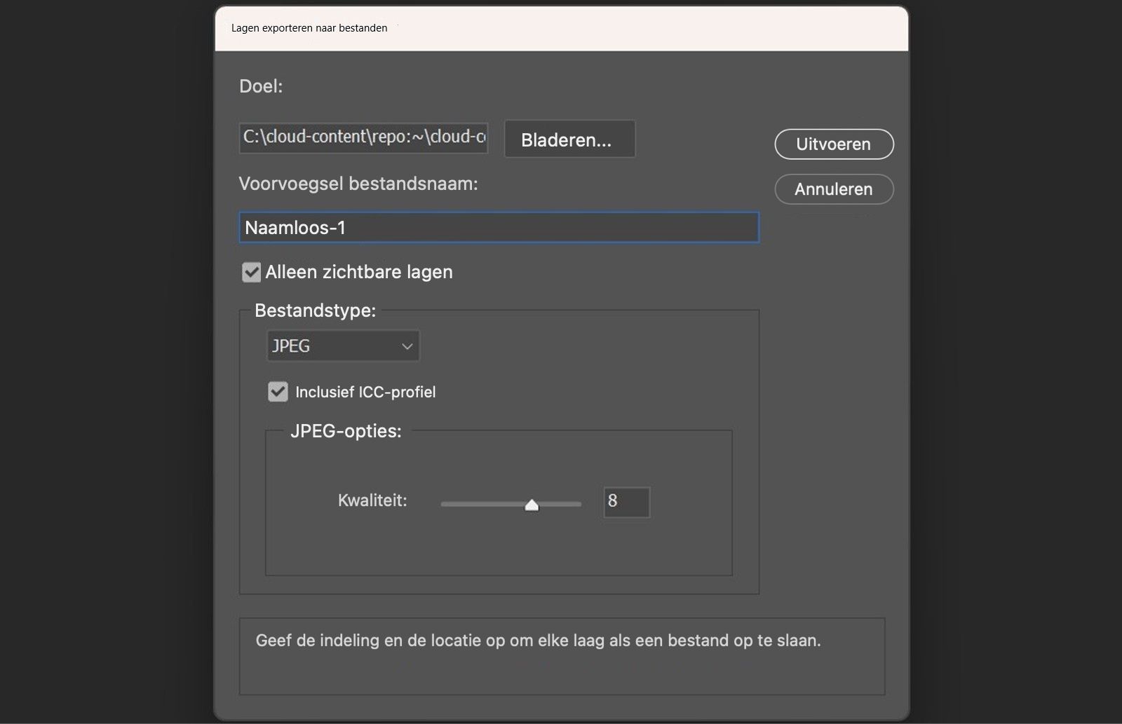 Het dialoogvenster Export Layers to Files is geopend.Het dialoogvenster bevat instellingen om een doelmap te kiezen, een voorvoegsel voor bestandsnamen in te voeren, alleen zichtbare lagen te selecteren, een bestandstype te kiezen, bestandstype-specifieke opties aan te passen en een ICC-kleurprofiel op te nemen.Er is een Run button beschikbaar om het exporteren van elke laag als apart bestand te starten.