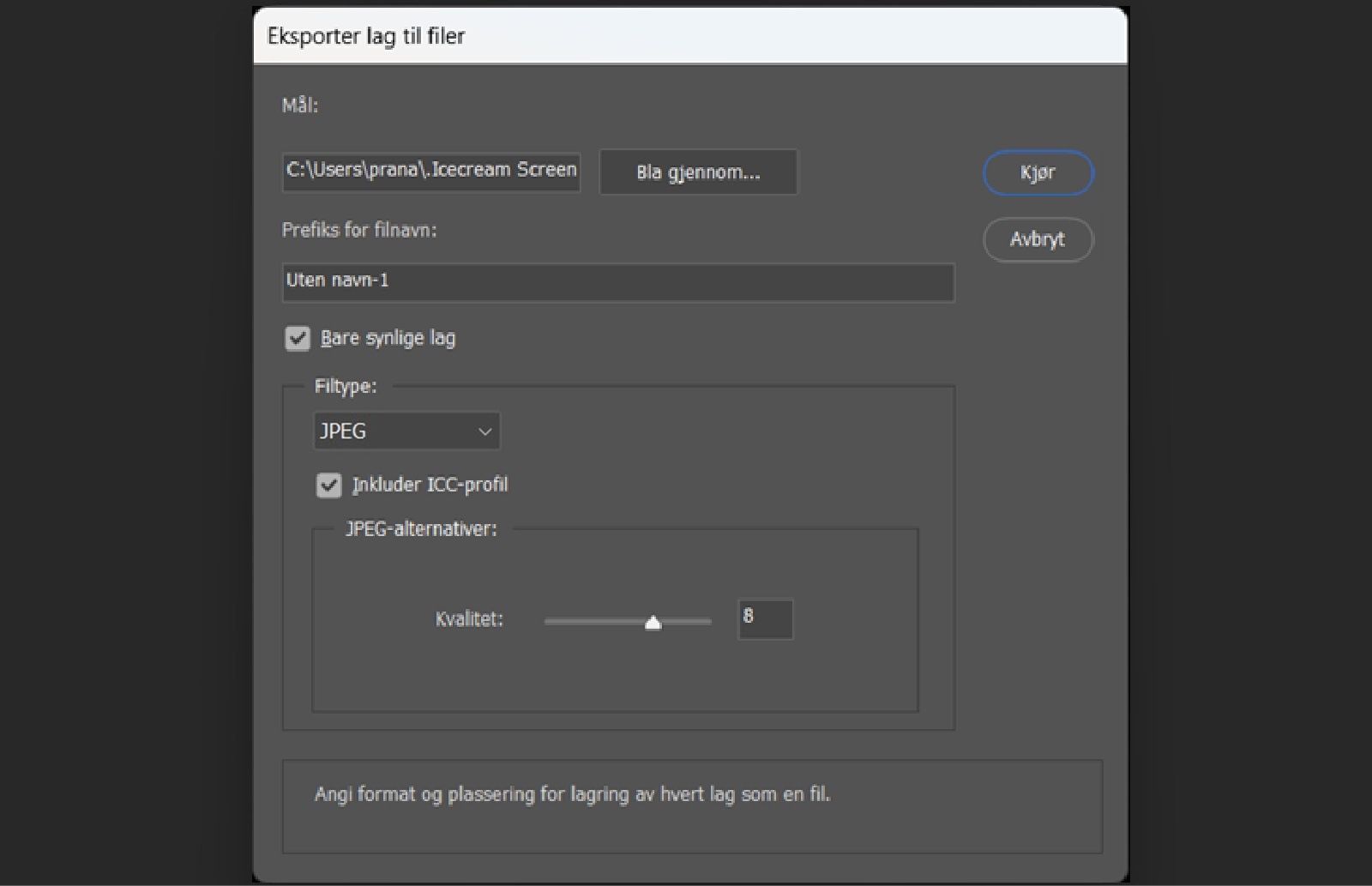 Dialogboksen Export Layers to Files er åpen.Dialogboksen inneholder Innstillinger for å velge en målmappe, angi et filnavnprefiks, velge bare synlige lag, velge et filformat, justere formatspesifikke alternativer og inkludere en ICC-fargeprofil.En Run-knapp er tilgjengelig for å starte eksportering av hvert lag som en egen separat fil.