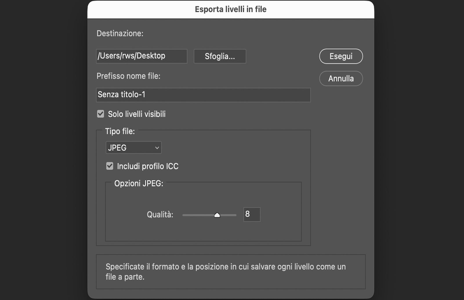 La finestra di dialogo Esporta livelli in file è aperta.La finestra di dialogo contiene impostazioni per scegliere una cartella di destinazione, inserire un prefisso per il nome del file, selezionare solo i livelli visibili, scegliere un formato di file, regolare le opzioni specifiche del formato e includere un profilo colore ICC.È disponibile un pulsante Esegui per iniziare a esportare ogni livello come file separato.