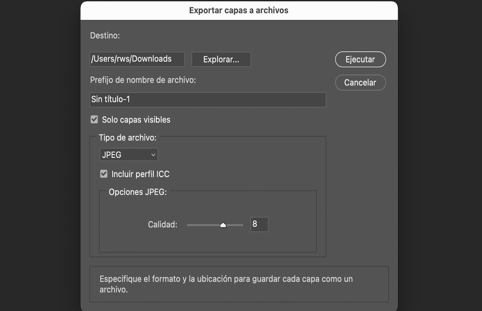El cuadro de diálogo Exportar capas a archivos está abierto.El cuadro de diálogo contiene configuraciones para elegir una carpeta de destino, ingresar un prefijo de nombre de archivo, seleccionar solo capas visibles, elegir un formato de archivo, ajustar opciones específicas del formato e incluir un perfil de color ICC.Hay disponible un botón Ejecutar para comenzar a exportar cada capa como su propio archivo separado.