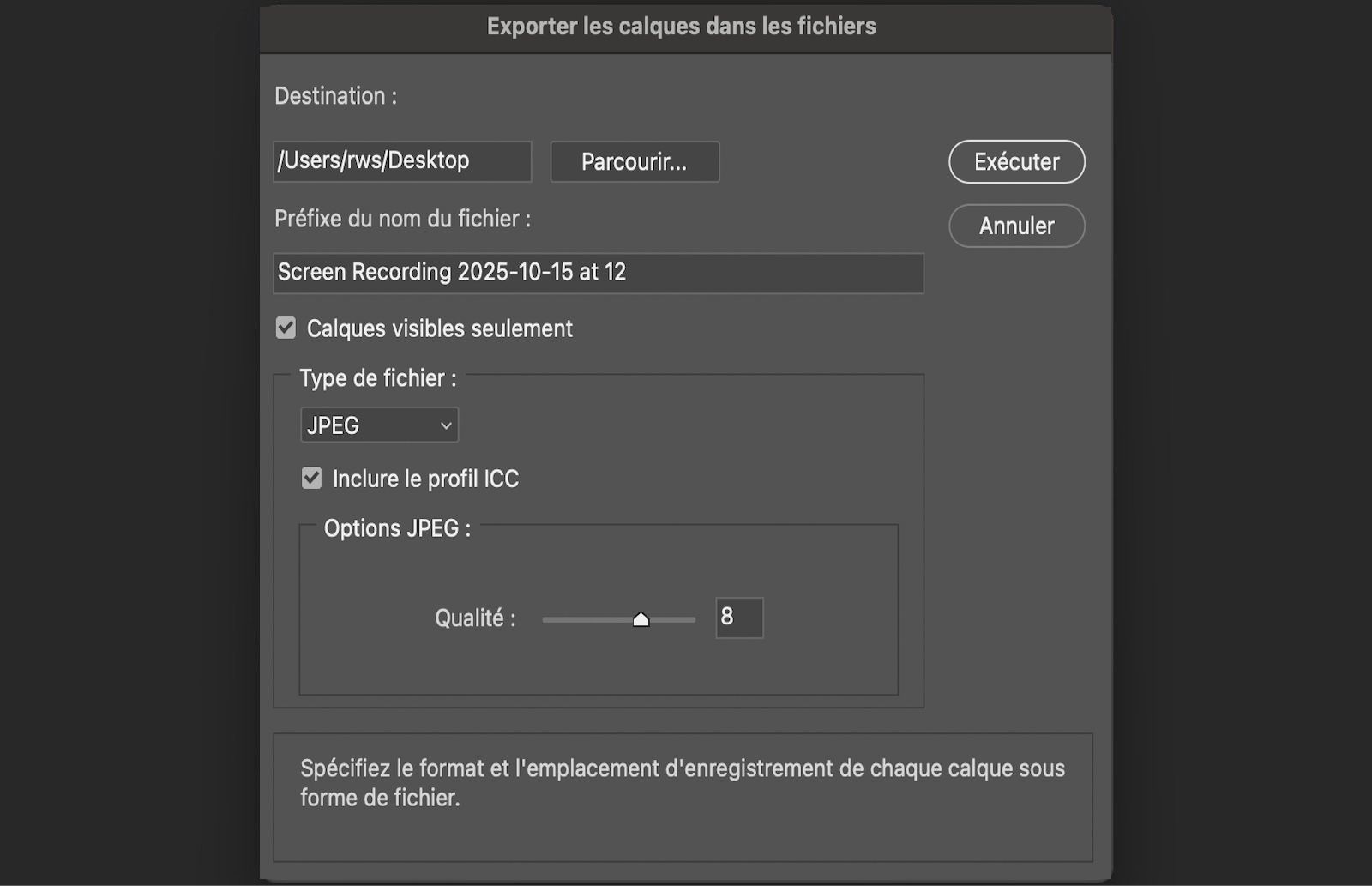 Boîte de dialogue Exporter les calques dans des fichiers ouverte. La boîte de dialogue contient des paramètres pour choisir un dossier de destination, saisir un préfixe de nom de fichier, sélectionner uniquement les calques visibles, choisir un format de fichier, ajuster les options spécifiques au format et inclure un profil colorimétrique ICC. Un bouton Exécuter est disponible pour commencer à exporter chaque calque en tant que fichier distinct.