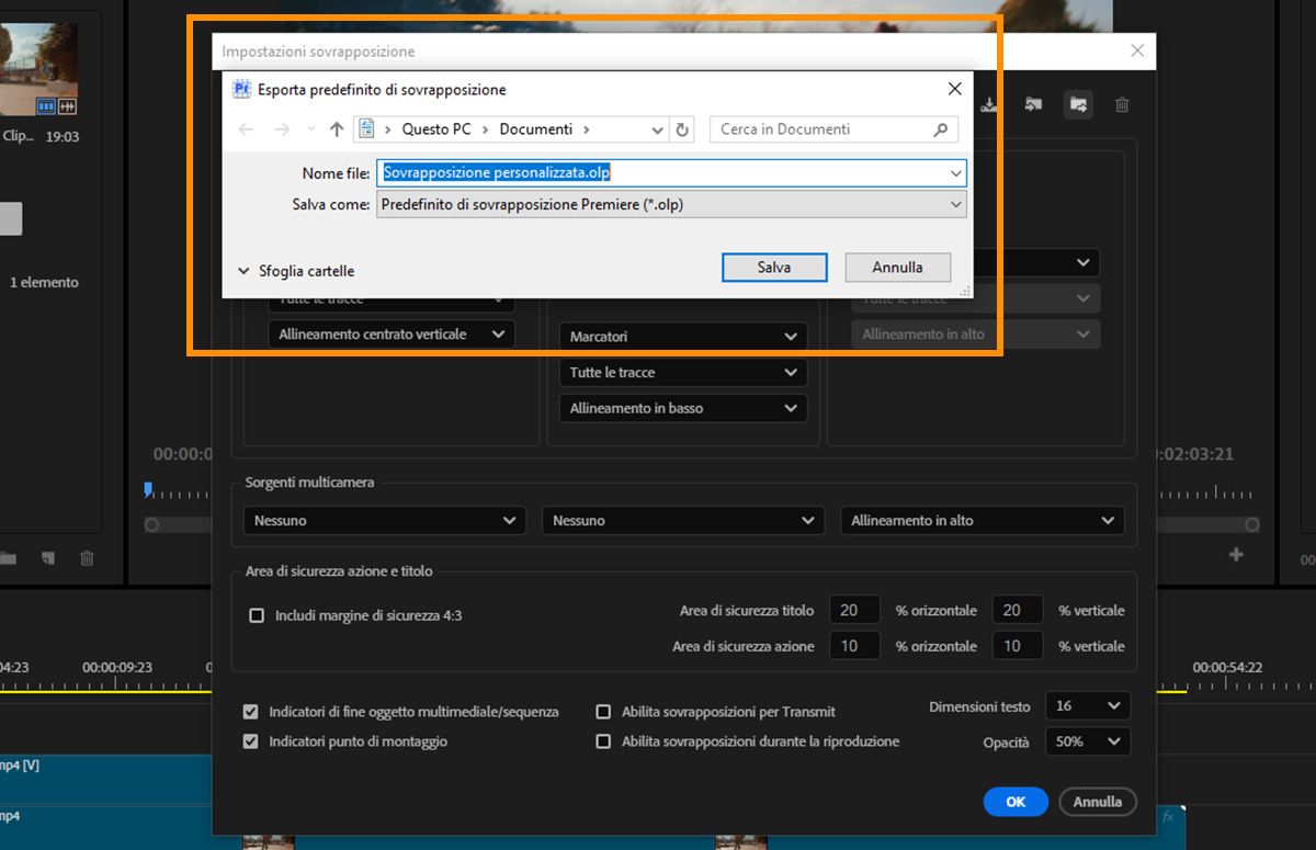 Finestra di dialogo Export Overlay Preset che mostra le options per denominare e salvare un file Premiere Overlay Preset.