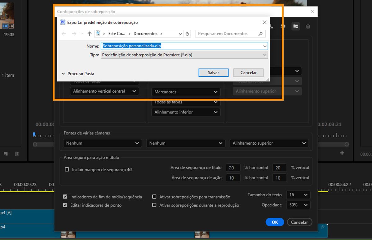 Diálogo Exportar predefinição de sobreposição mostrando opções para nomear e salvar um arquivo de predefinição de sobreposição do Premiere.