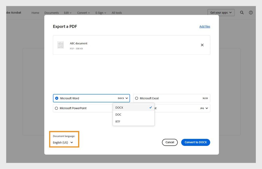 V pogovornem oknu »Izvozi PDF« so prikazani izbrana datoteka in štiri možnosti za pretvorbo v naslednje oblike zapisa datotek: Microsoft Word, Excel, PPT in oblika zapisa slike. 