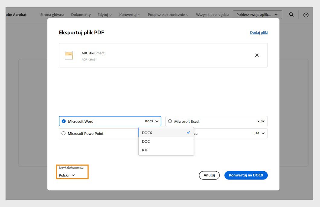 Okno dialogowe Eksportuj plik PDF zawiera wybrany plik i 4 opcje formatu pliku do konwersji na: Microsoft Word, Excel, PPT i format obrazu. 