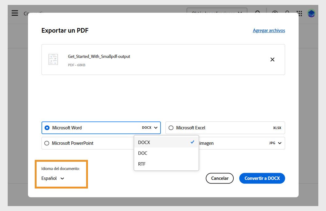 El cuadro de diálogo Exportar archivo PDF muestra el archivo seleccionado y 4 opciones de formato de archivo al que convertirlo: Microsoft Word, Excel, PPT y el formato de imagen. 