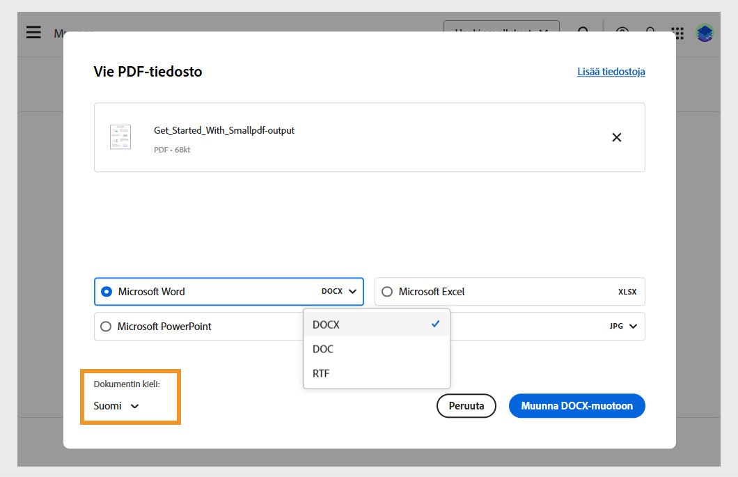 Vie PDF -valintaikkuna näyttää valitun tiedoston ja neljä tiedostomuotovaihtoehtoa, joiksi voidaan muuntaa: Microsoft Word, Excel, PPT ja kuvamuoto. 